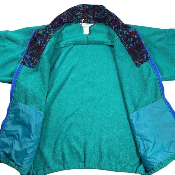 Vintage 90s Columbia Fleece Jacket Teal Blue Abstract Collar USA Made Men’s XL